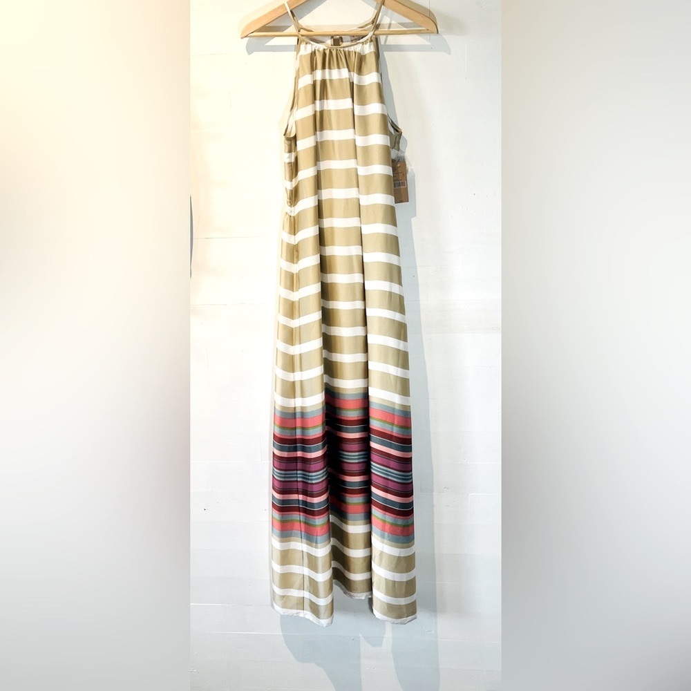 NWT Cremieux silky-shiny jewel tone striped maxi halter dress size 10